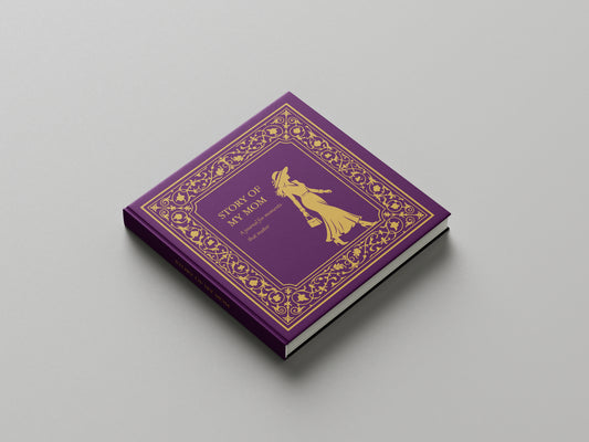 Purple book Story of My Mom with gold decorative elements on a gray background
