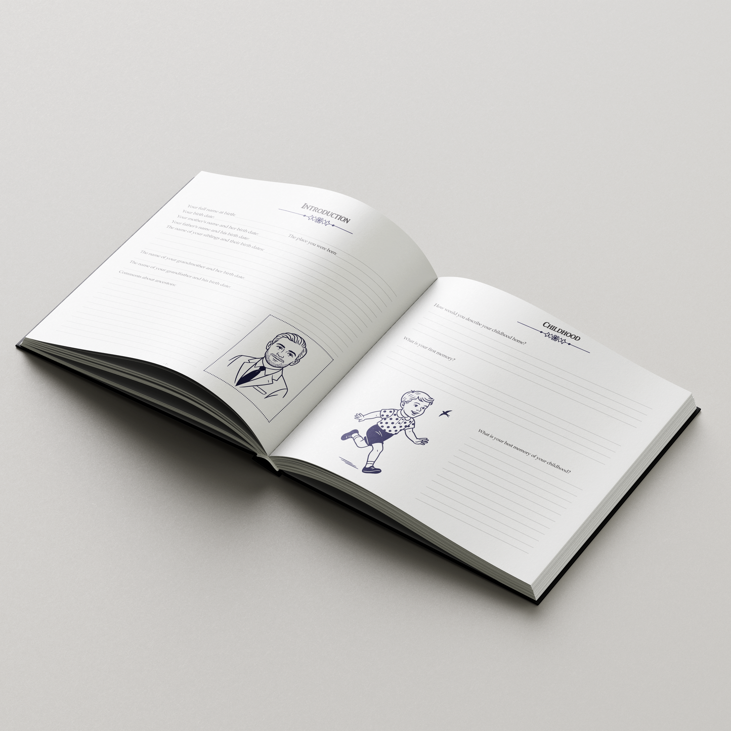 Open book with illustrations on a gray background. Guided memory journal book with prompts