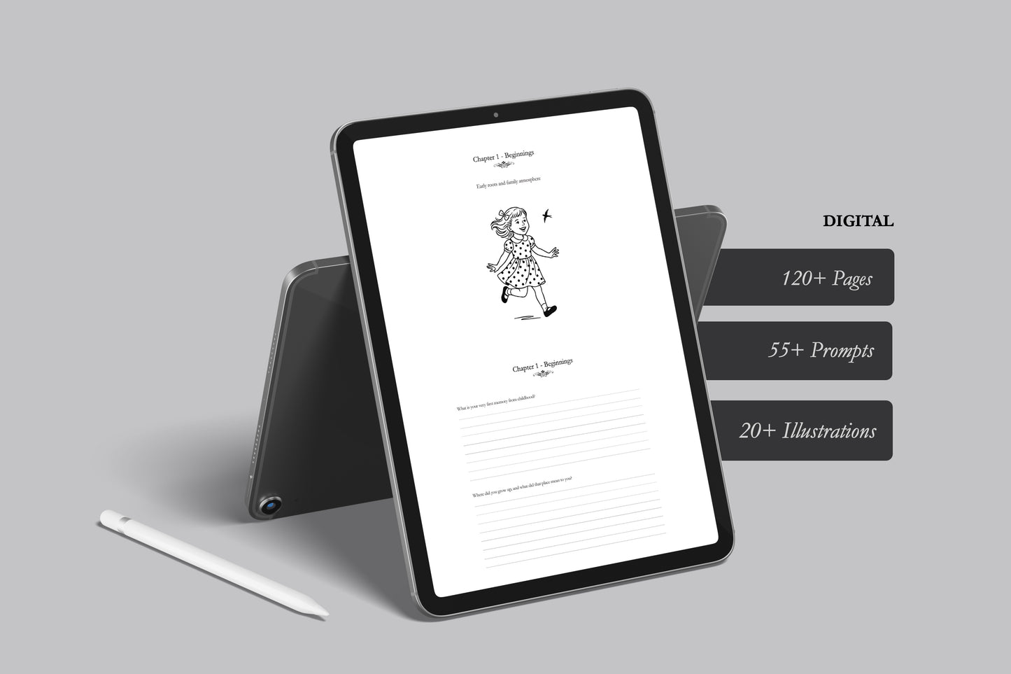 Tablet displaying a digital guided memory journal book with illustrations on a gray background