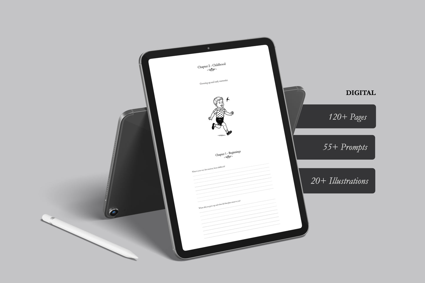Tablet displaying a digital guided memory book and graphics on a gray background