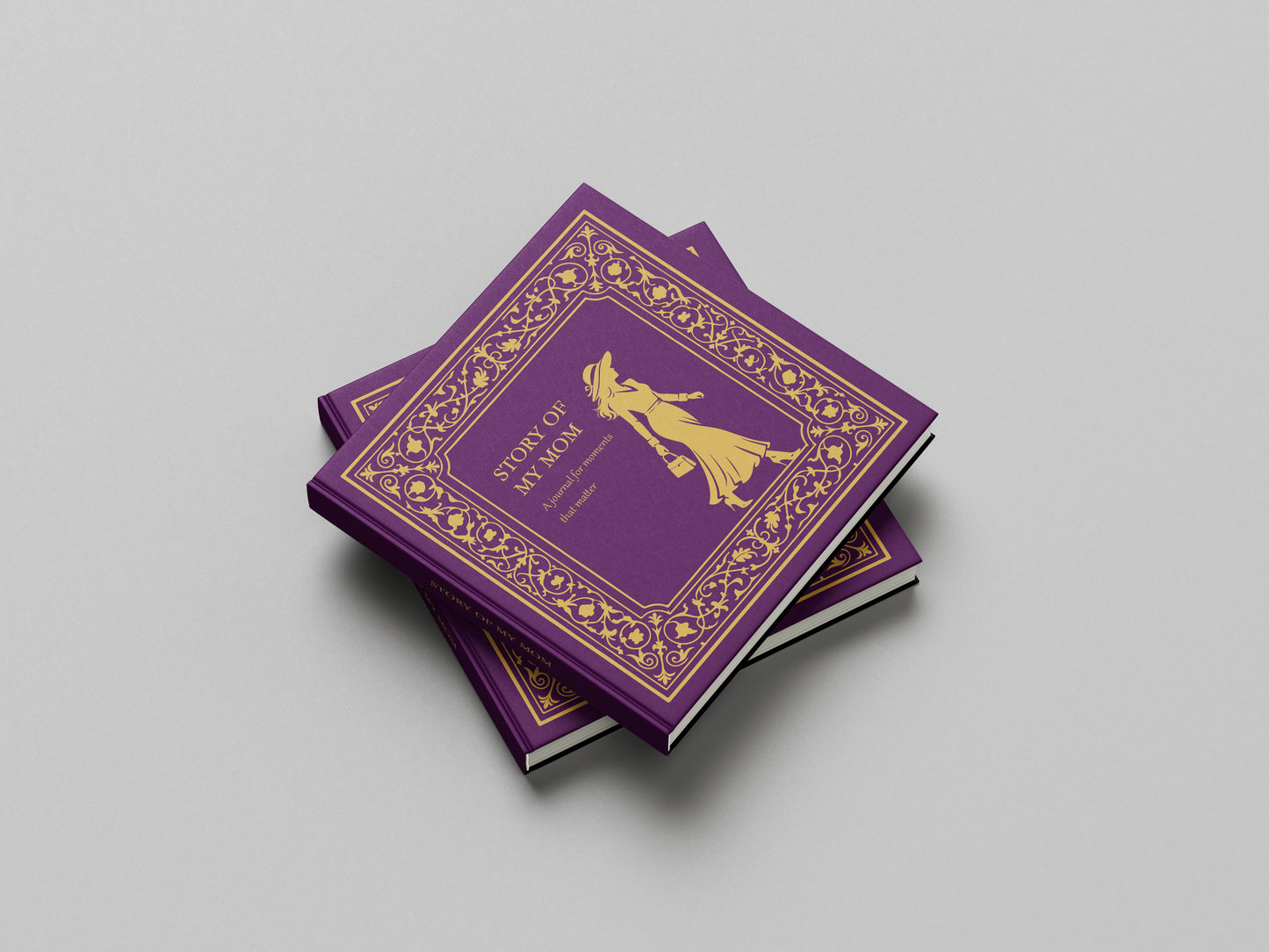 Purple books Stpry of My Mom with gold design on a gray background