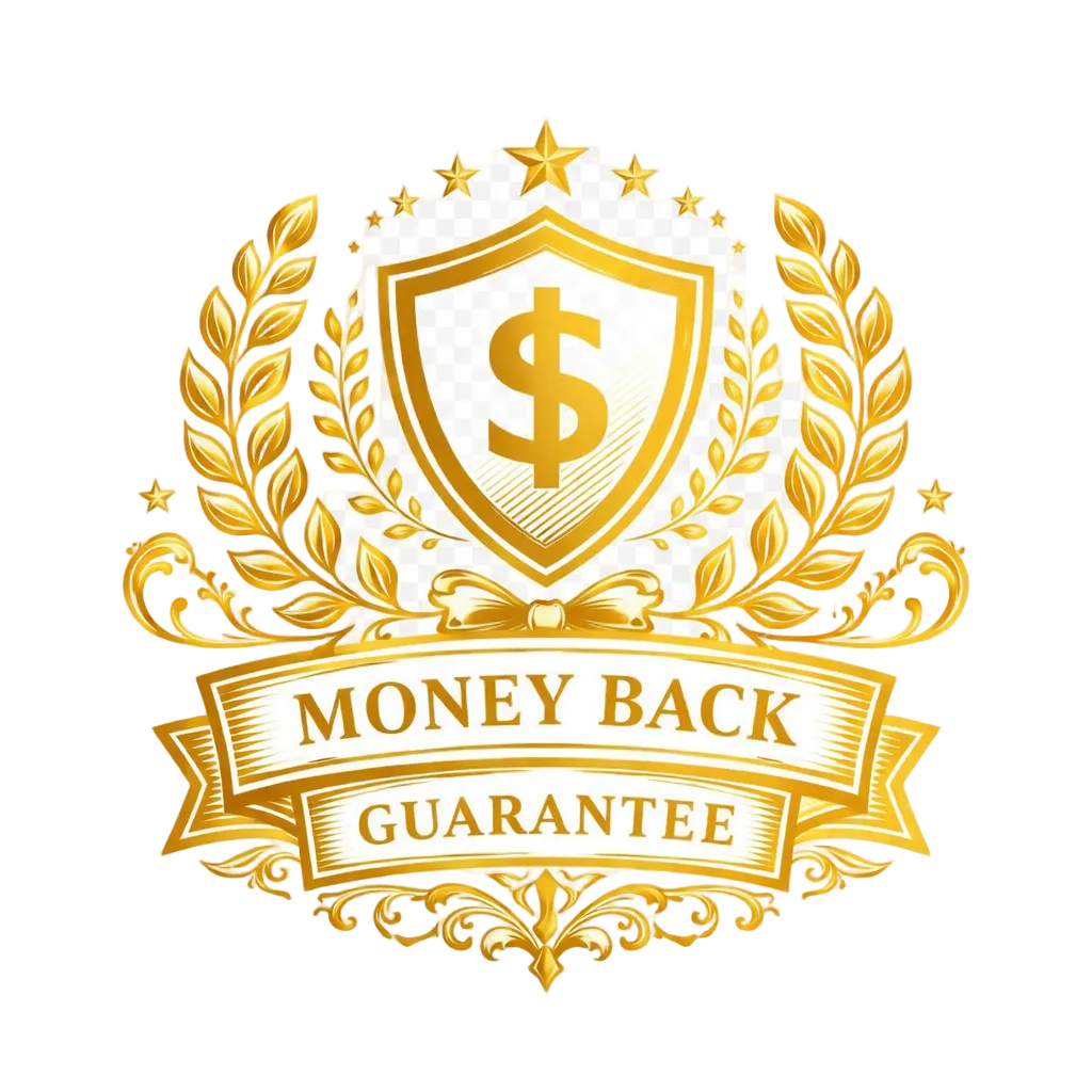 Decorative logo with a money back guarantee symbol on a white background