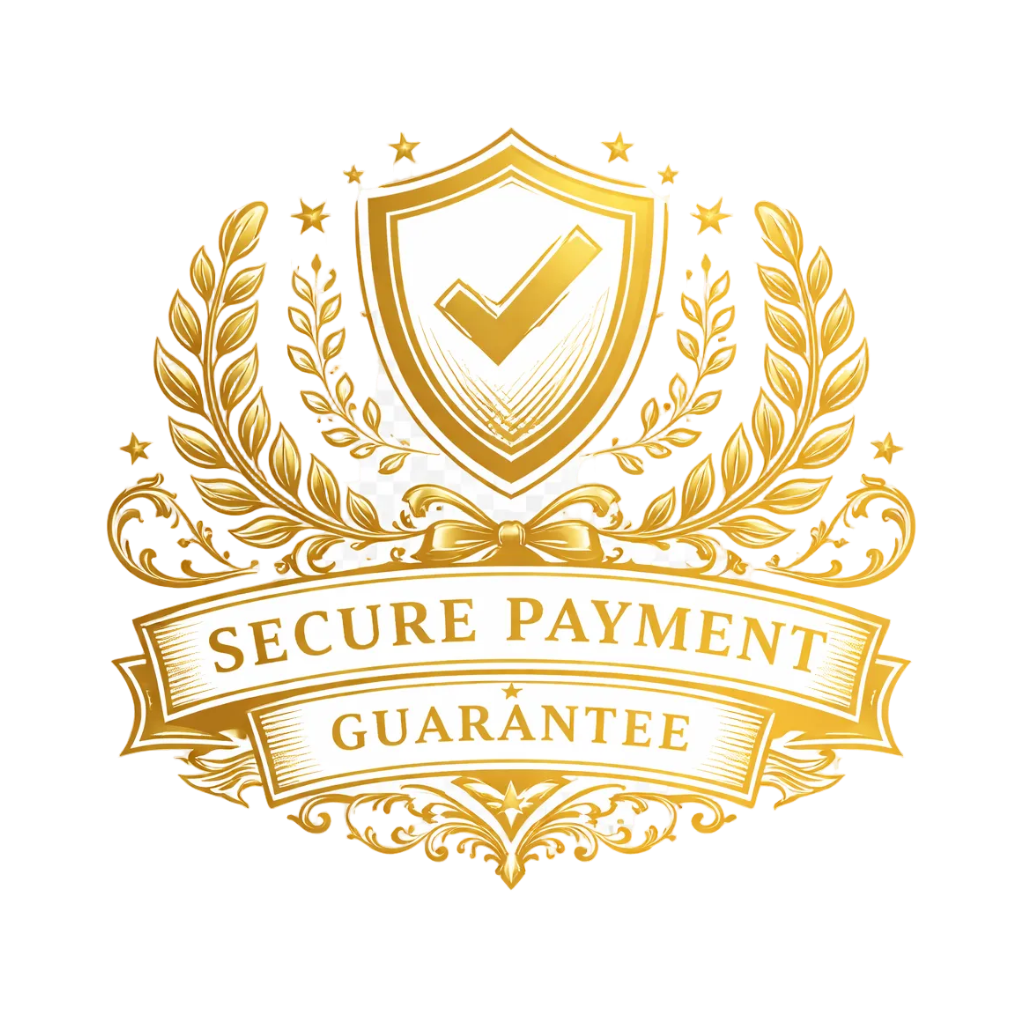 Gold 'Secure Payment Guarantee' emblem with shield and laurel wreath on a white background