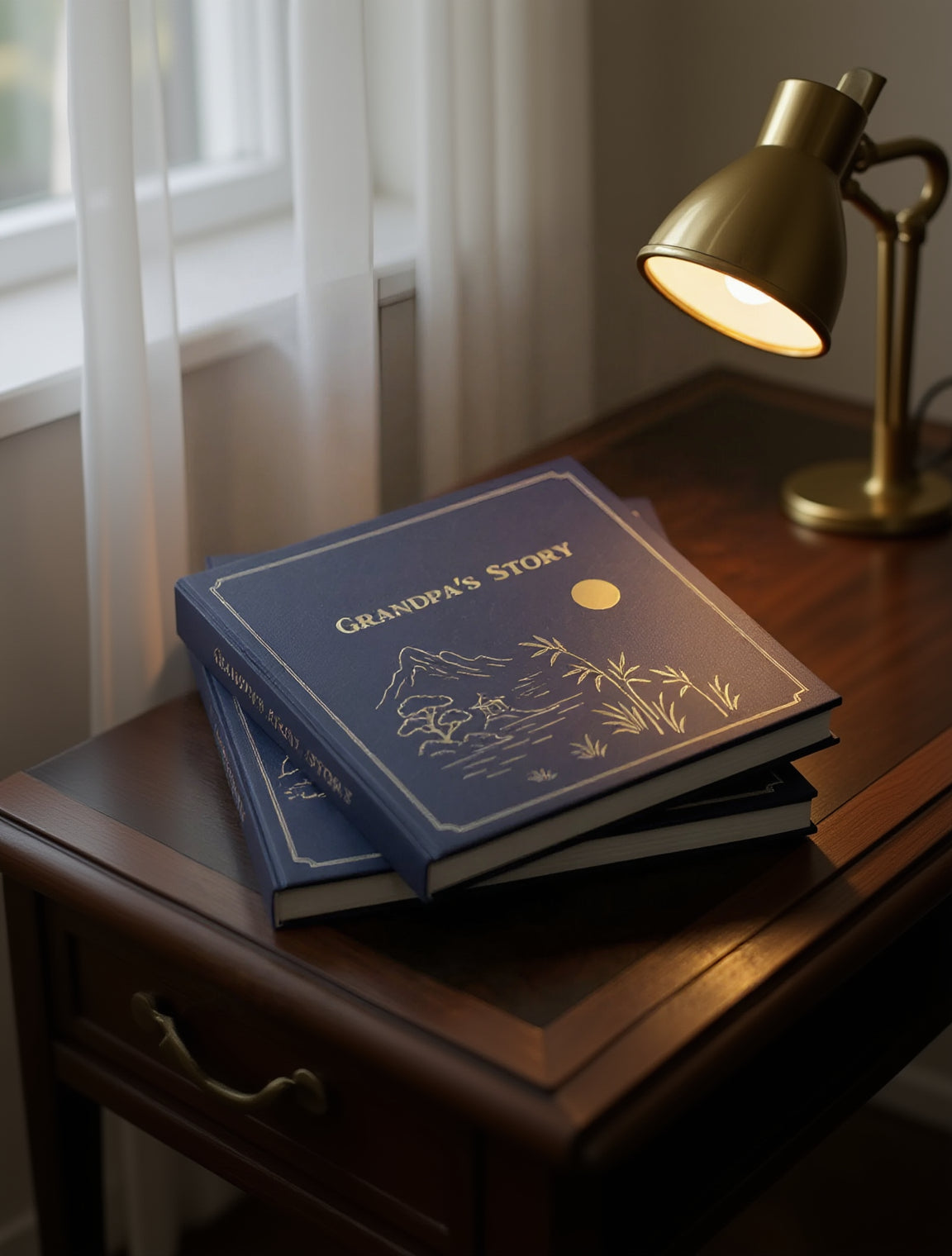 Stack of books titled 'Grandpa's Story' on a wooden surface with a lamp and window in the background. Guided memory journal book with prompts