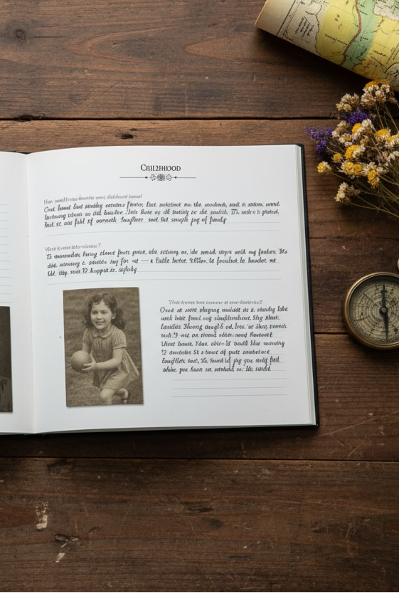 Open book with historical text and photos on a wooden surface with vintage items.  Guided memory book journal with prompts