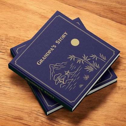 Blue books titled 'Grandpa's Story' on a wooden surface. Guided memory journal book with prompts