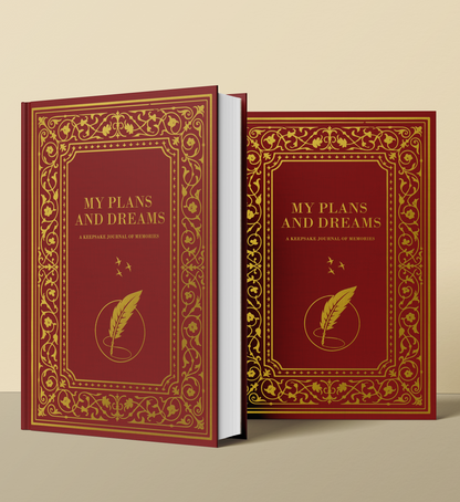 Decorative book titled 'My Plans and Dreams' on a beige background