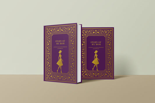 Purple book titled 'Story of My Mom' with gold design on a beige background