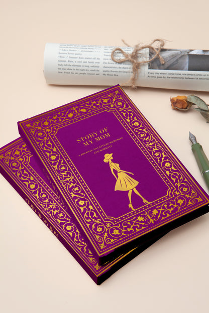 Purple book with gold design and text on a beige surface