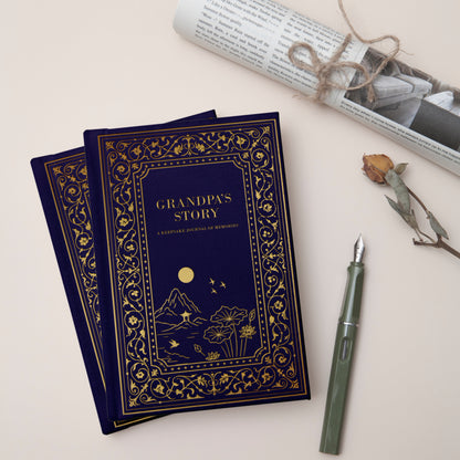 Two blue books titled 'Grandpa's Story' with a pen and photo on a light background