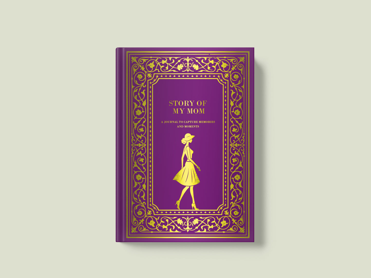 Purple book titled 'Story of My Mom' with decorative cover on a light beige background