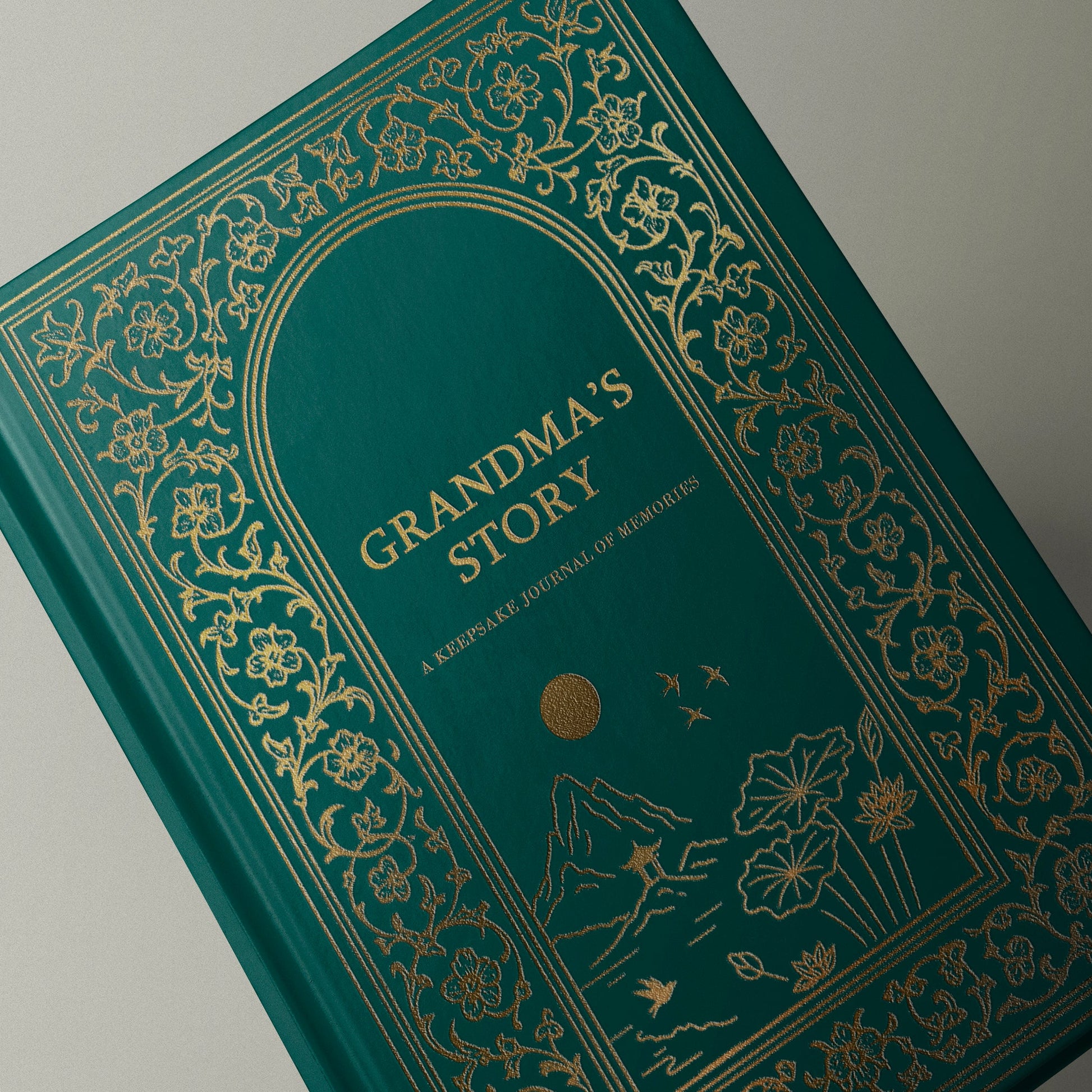Decorative green book titled 'Grandma's Story' on a gray background