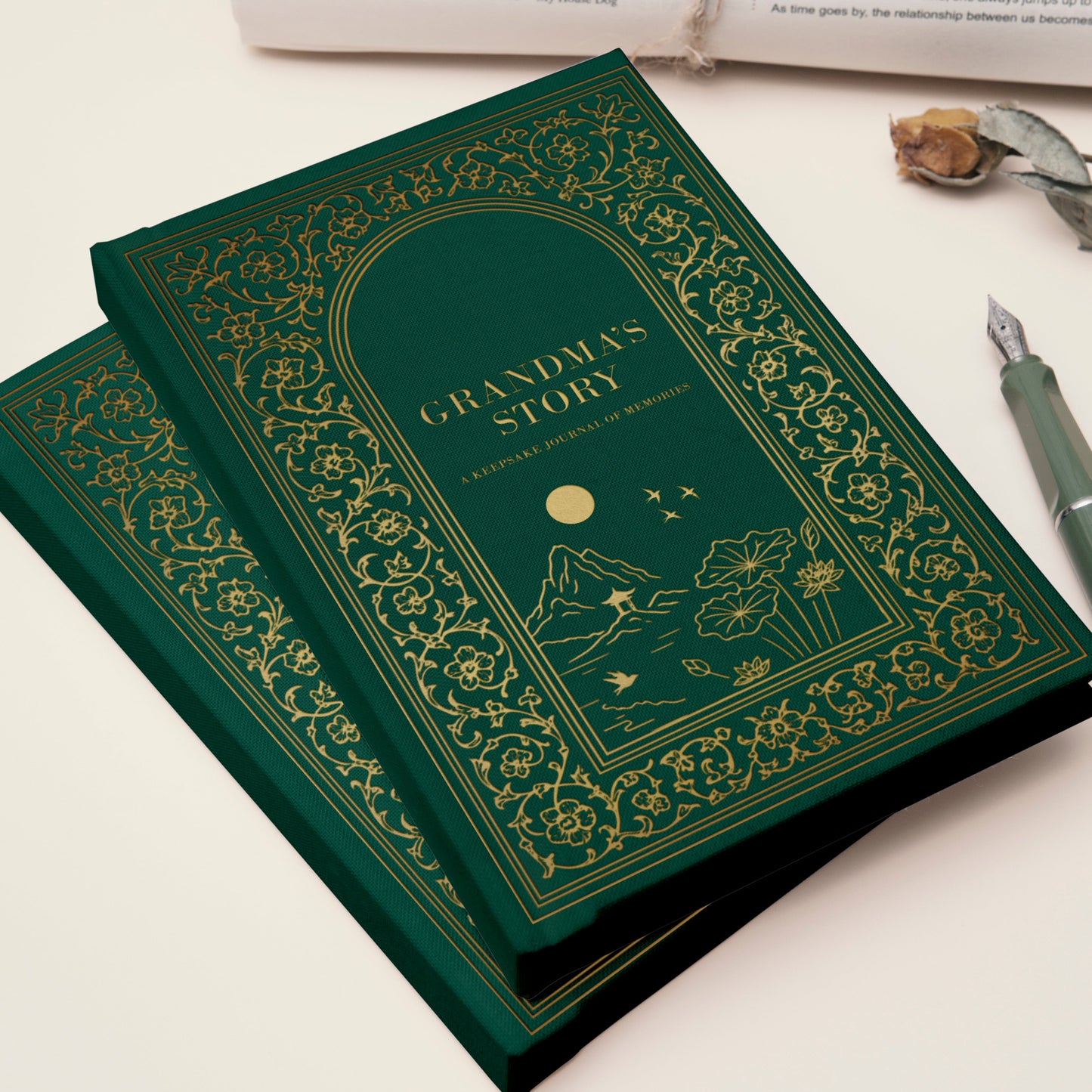 Two green books titled 'Grandma's Story' on a light surface with a newspaper and pen.