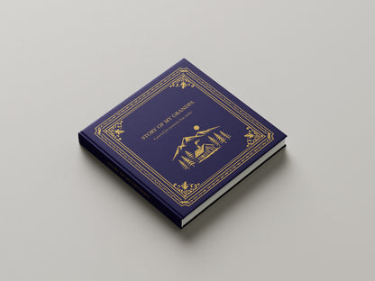 Blue book with gold embossed design on a gray background