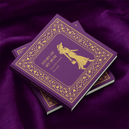 Purple book titled 'Story of My Mom' with gold text and design on a purple fabric background