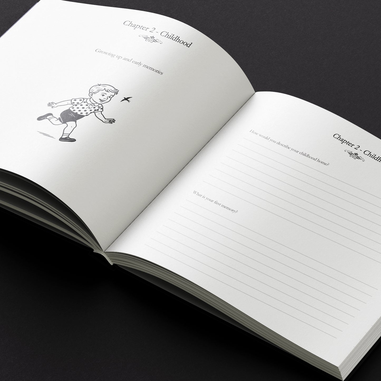 Open book with a drawing of a child on a black background