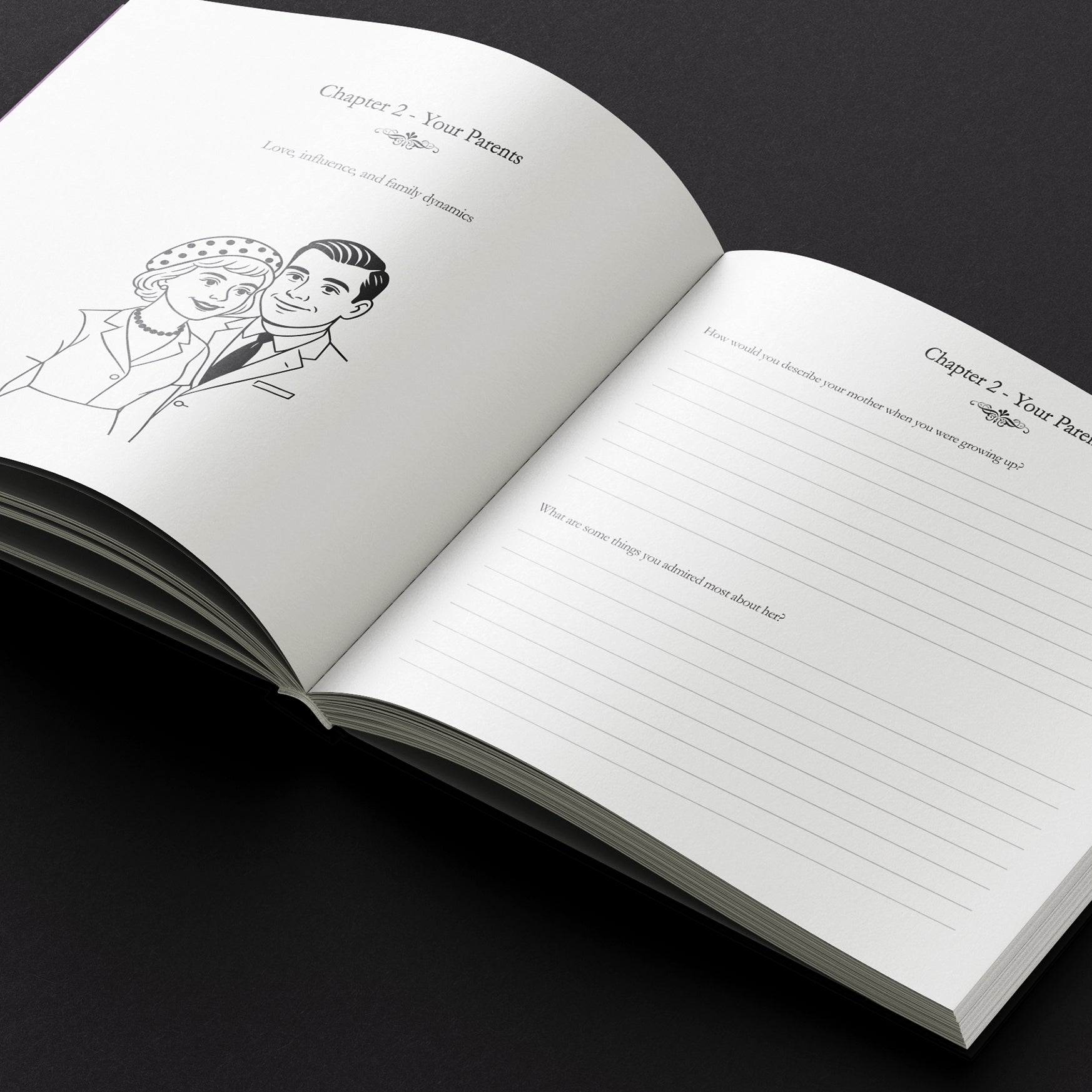 Open book with illustrations and text on a black background