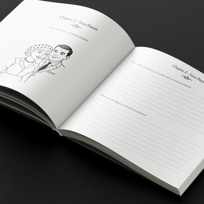 Open book with illustrations and text on a black background