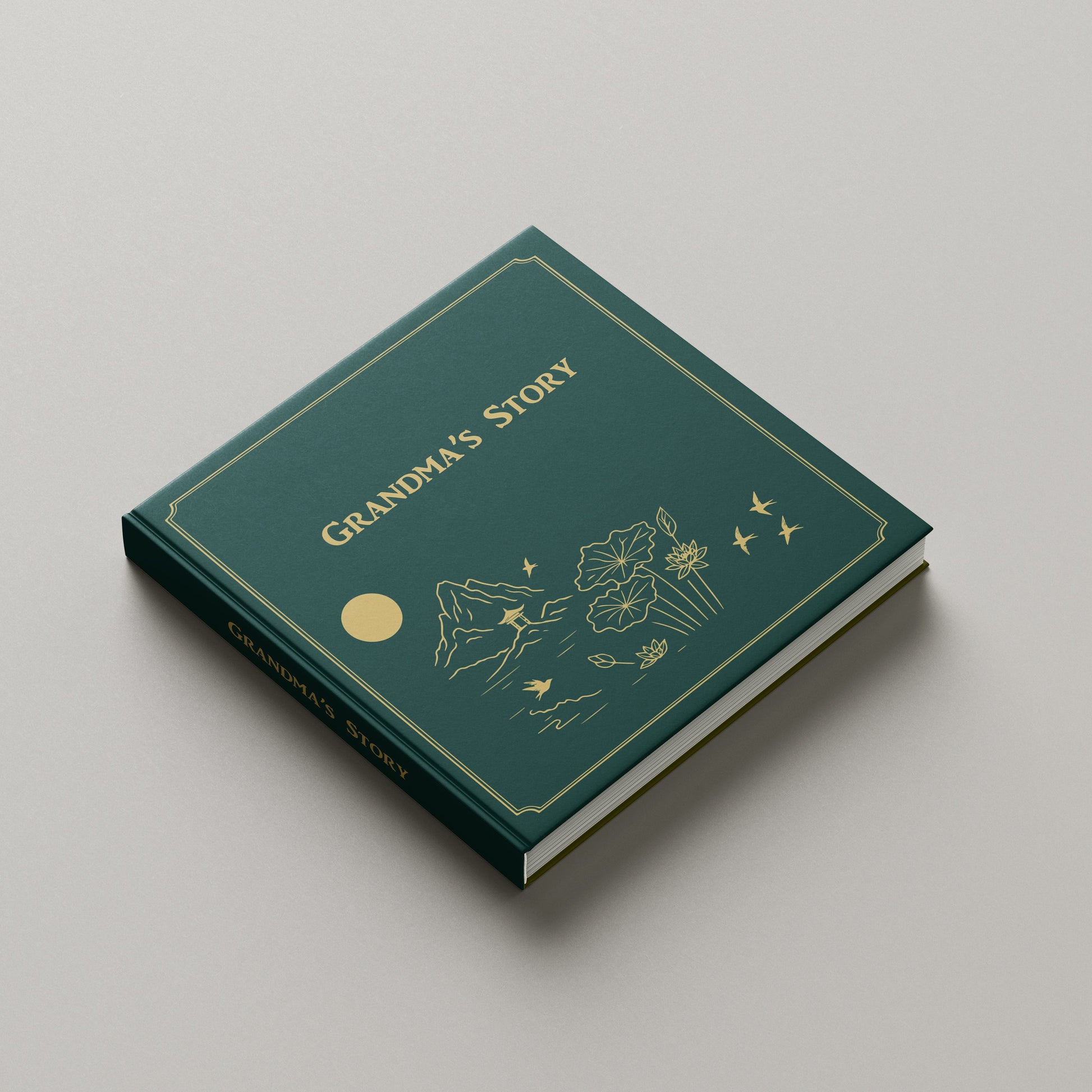 Green book titled 'Grandma's Story' on a gray background