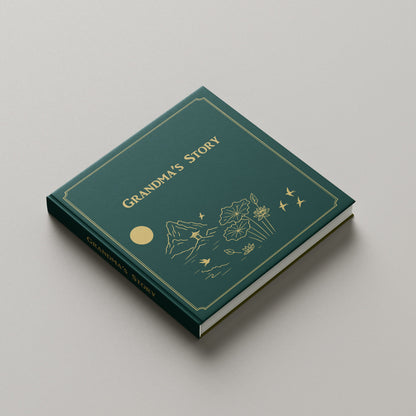 Green book titled 'Grandma's Story' on a gray background