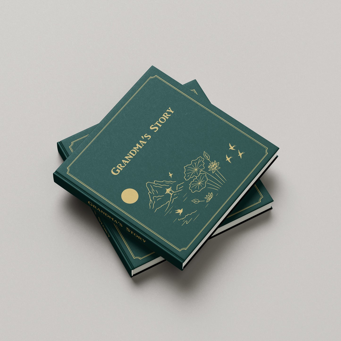Green book titled 'Grandma's Story' on a gray background