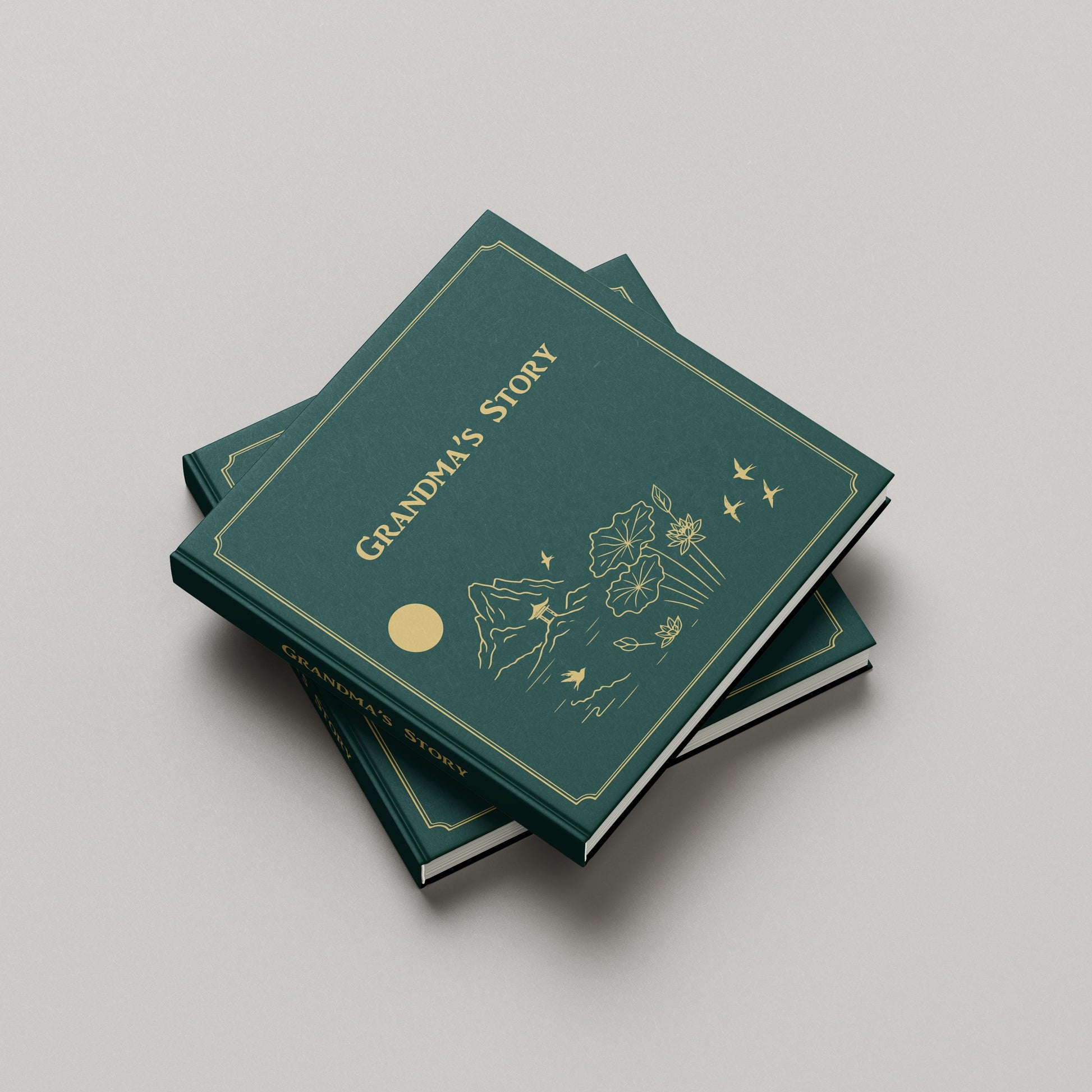 Green book titled 'Grandma's Story' on a gray background