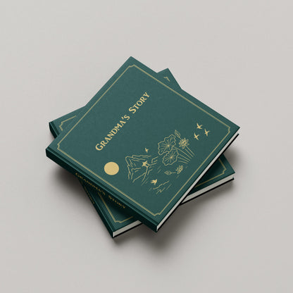 Green book titled 'Grandma's Story' on a gray background