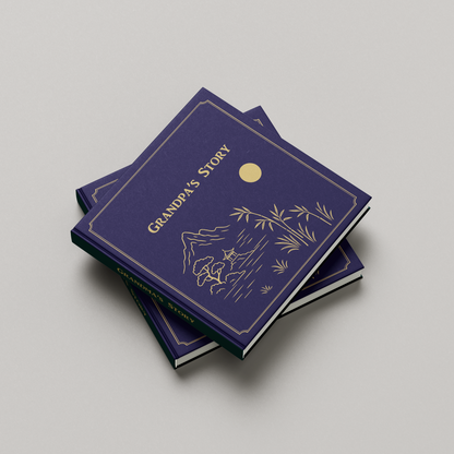 Stack of books titled 'Grandpa's Story' on a light gray background.Guided memory journal book with prompts