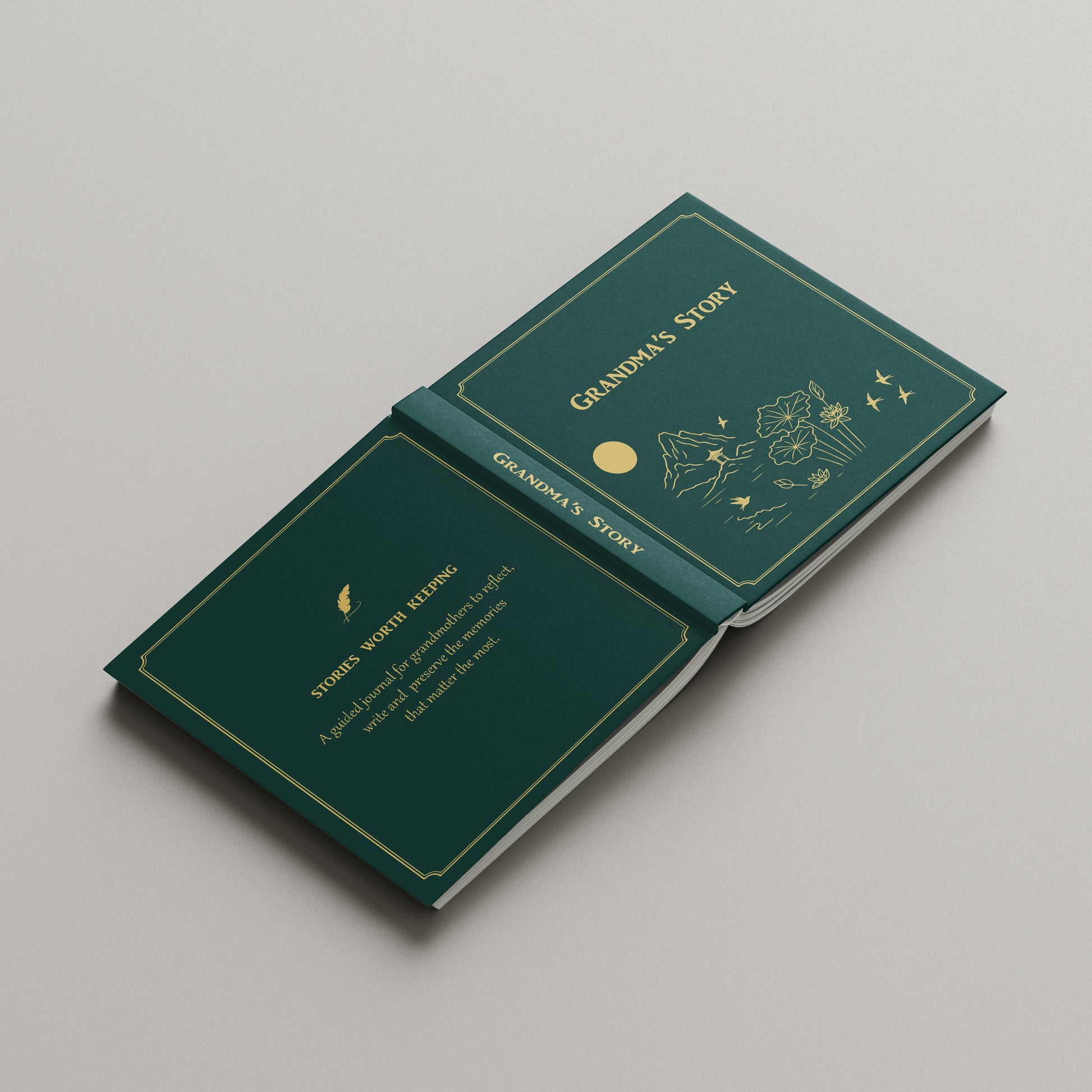 Two green books with gold text on a gray background
