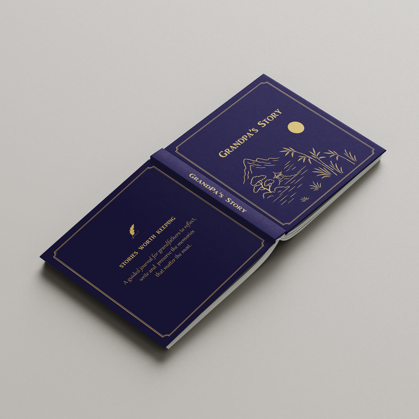 Two blue books with gold text and illustrations on a gray background. Guided memory journal book with prompts