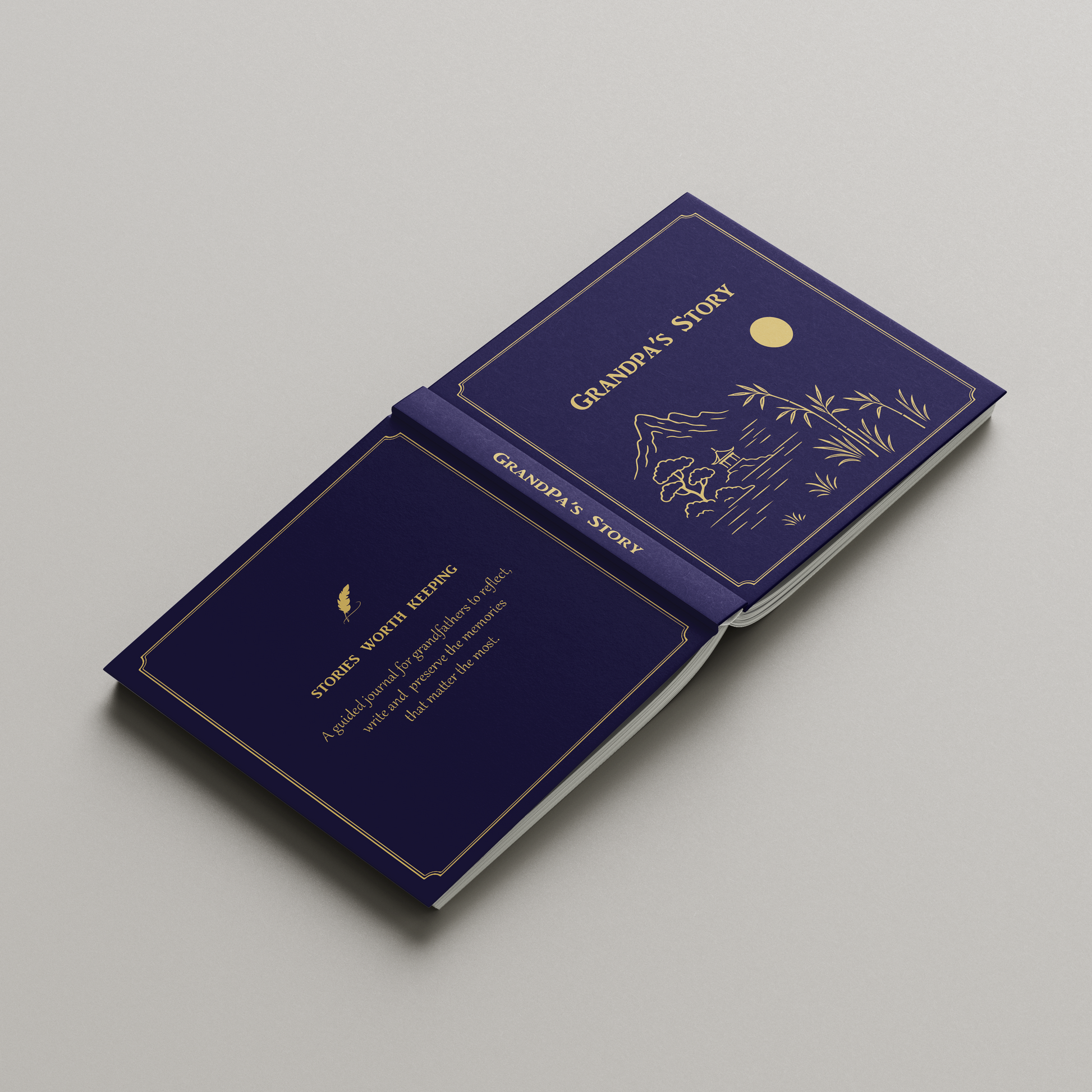 Two blue books with gold text and illustrations on a gray background. Guided memory journal book with prompts