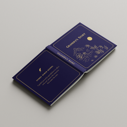 Two blue books with gold text and illustrations on a gray background. Guided memory journal book with prompts