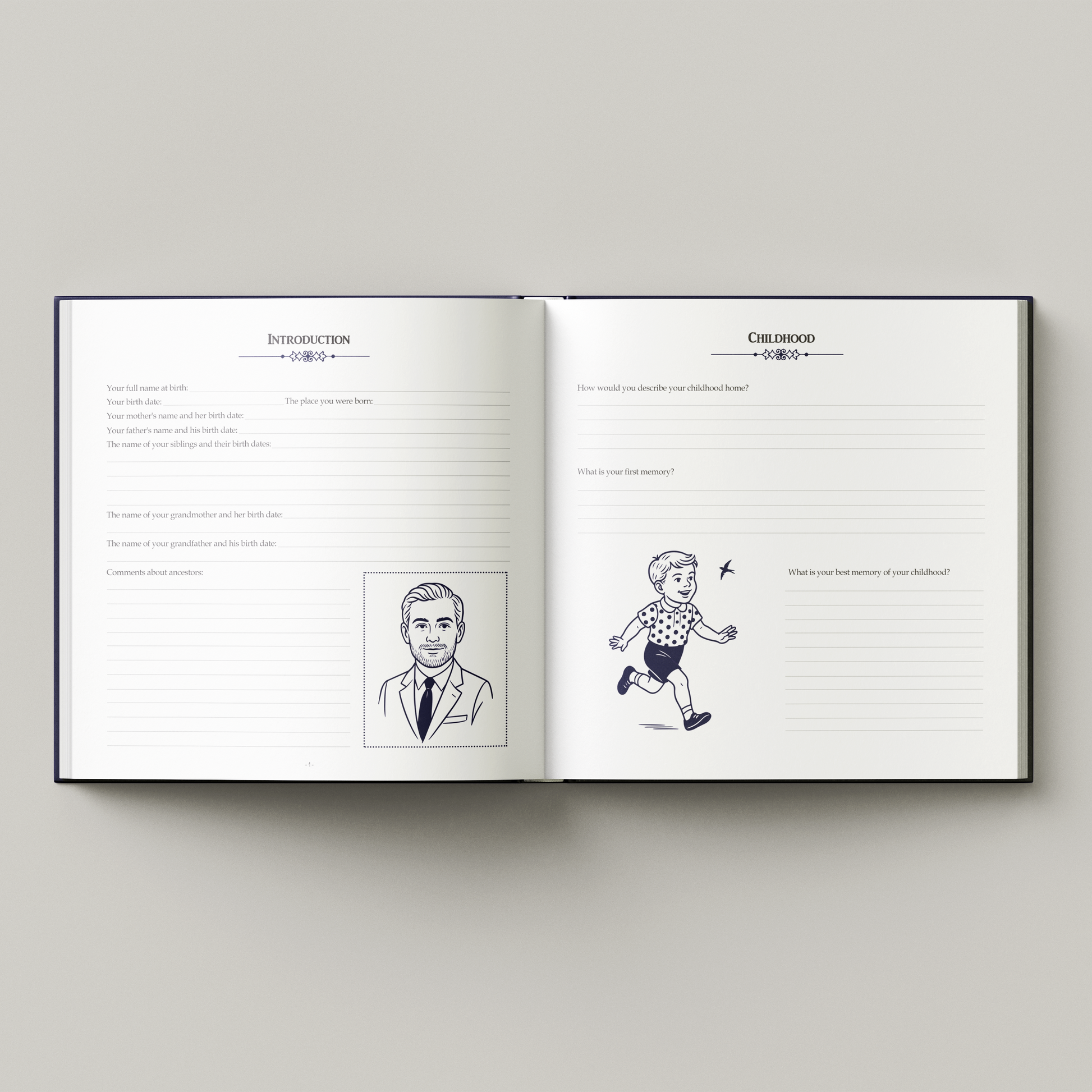 Open book with illustrations on a gray background. Guided memory journal book with prompts