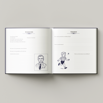 Open book with illustrations on a gray background. Guided memory journal book with prompts