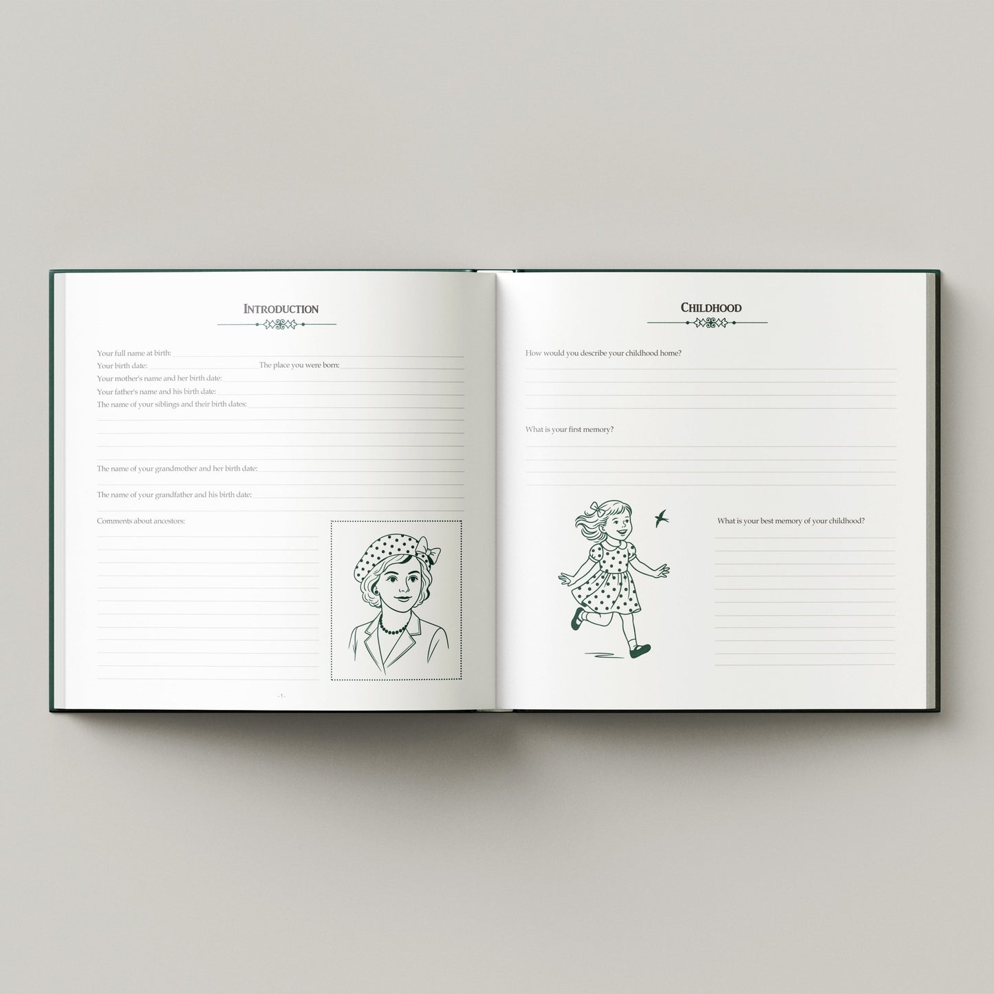 Open book with line drawings of a person and a child on a gray background. guided memory book with prompts
