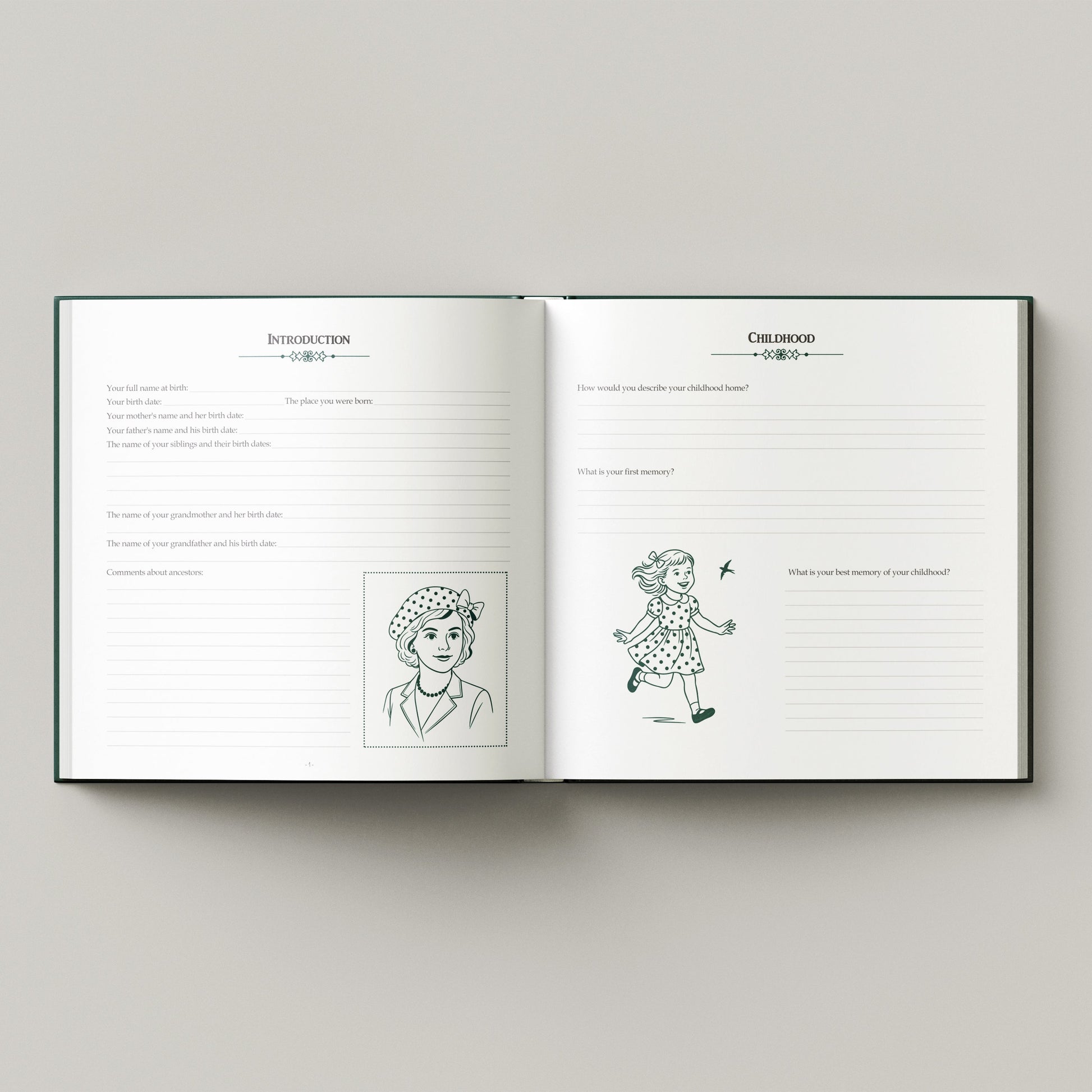 Open book with line drawings of a person and a child on a gray background. guided memory book with prompts