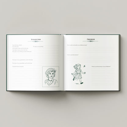 Open book with line drawings of a person and a child on a gray background. guided memory book with prompts