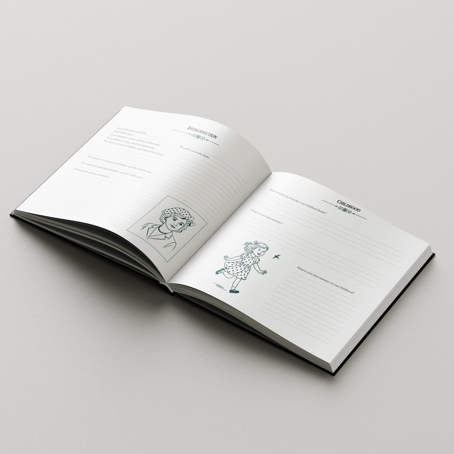 Open book with illustrations on a gray background. guided memory book with prompts