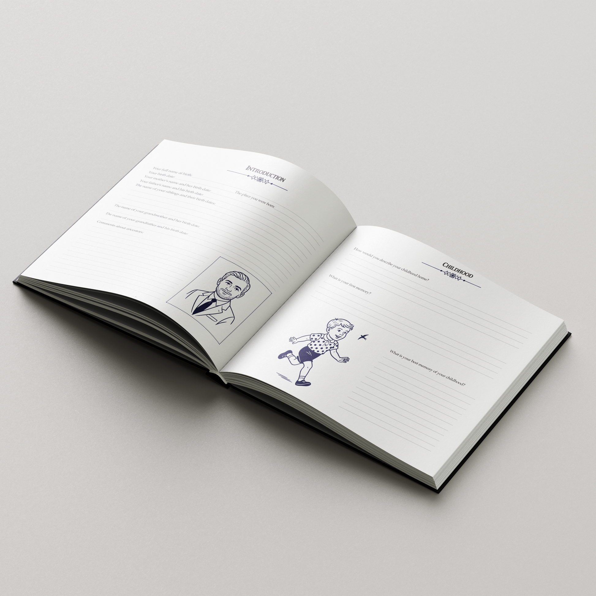 Open book with illustrations on a gray background. Guided memory journal book with prompts