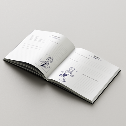 Open book with illustrations on a gray background. Guided memory journal book with prompts