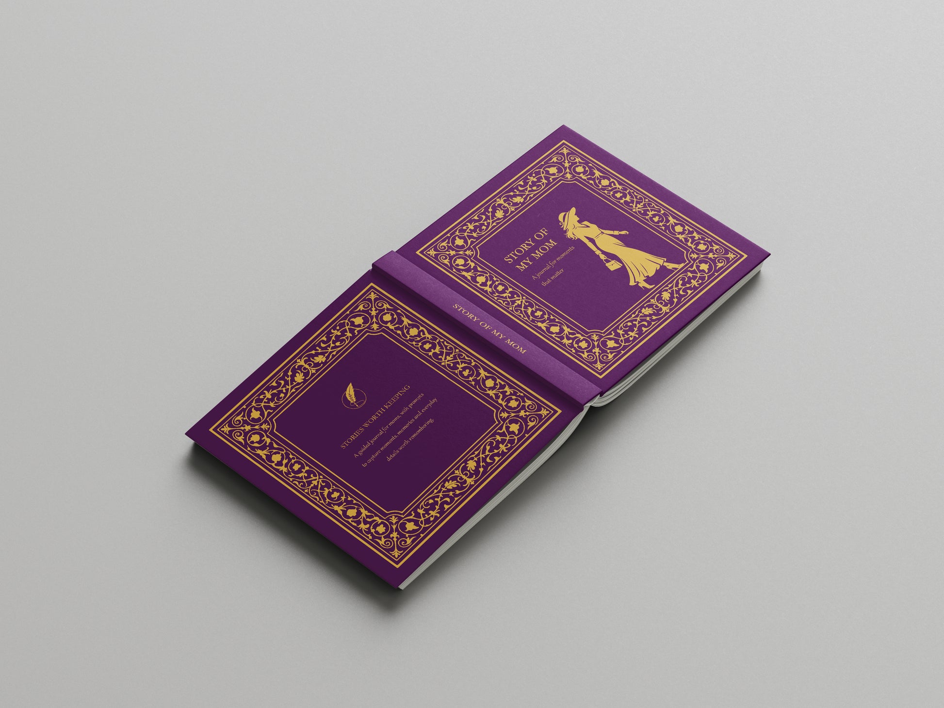 Purple book with gold decorative elements on a gray background
