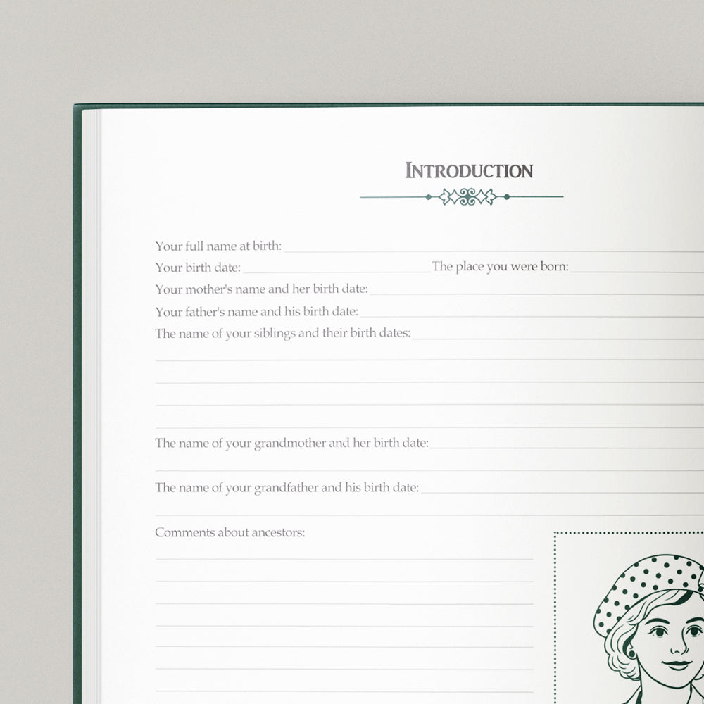 Sheet with genealogical questions and a portrait of a woman on a light gray background. Open notebook with lined pages on a light gray background. guided memory book journal with prompts