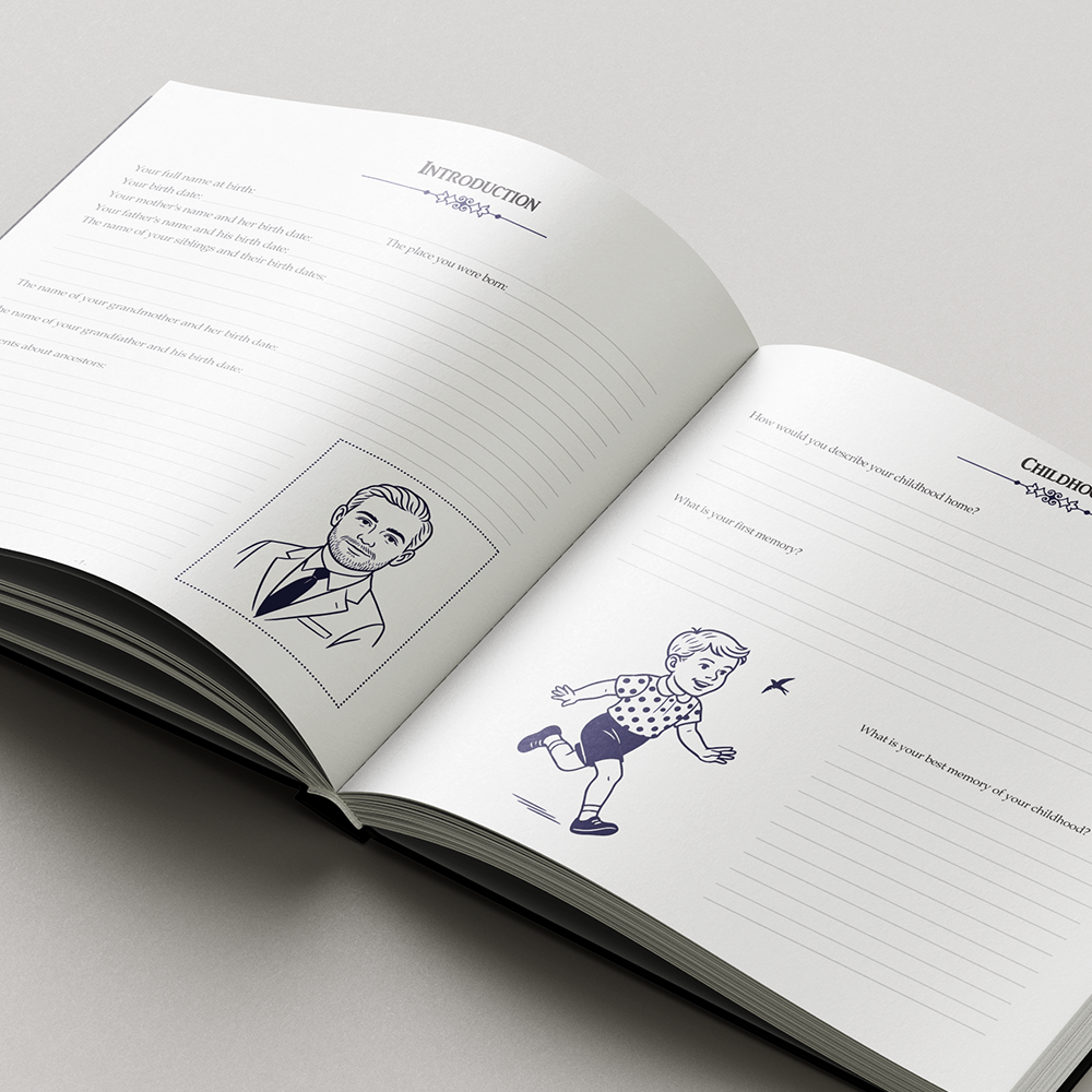 Open book with illustrations on a gray background. Guided memory journal book with prompts