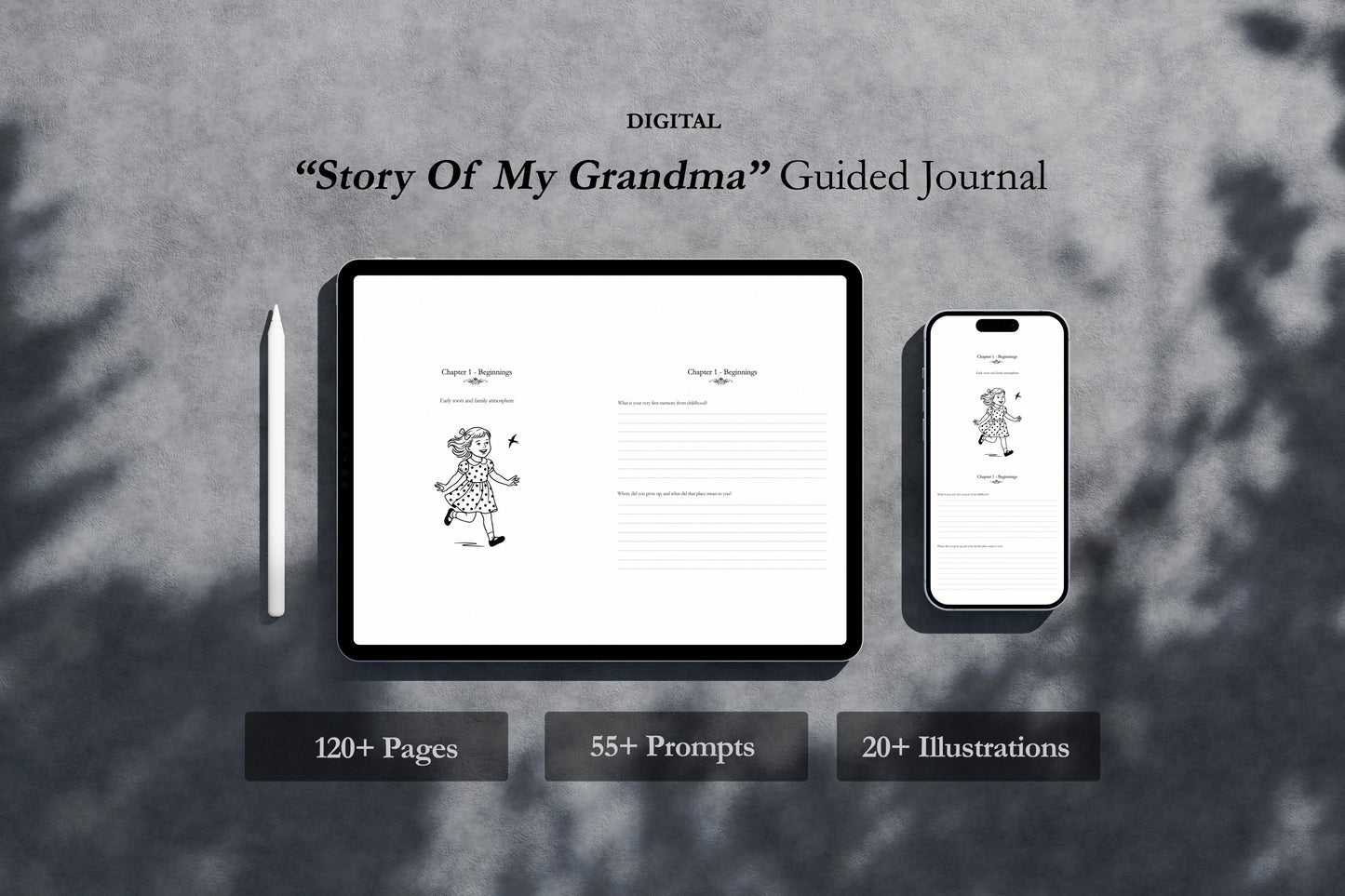 Digital 'Story of My Grandma' guided journal displayed on a tablet and smartphone with leaf shadows.