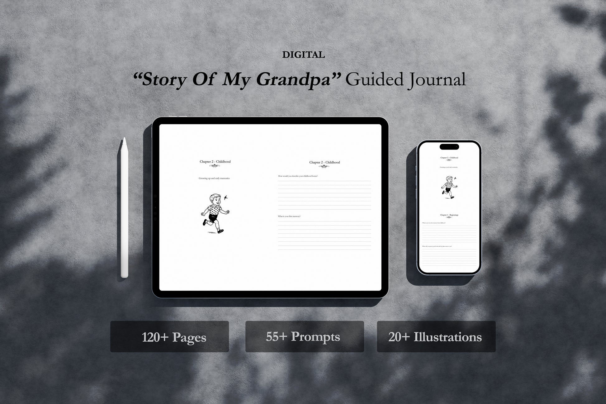 Digital 'Story of My Grandpa' guided journal displayed on a tablet and smartphone with a gray background.