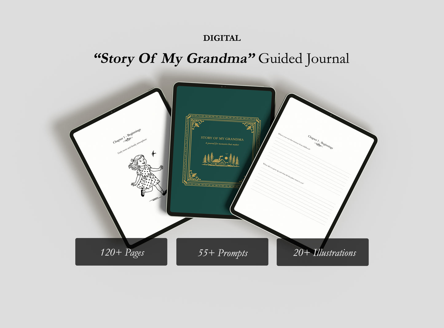 Digital 'Story Of My Grandma' Guided Journal with cover and pages displayed on a light gray background.