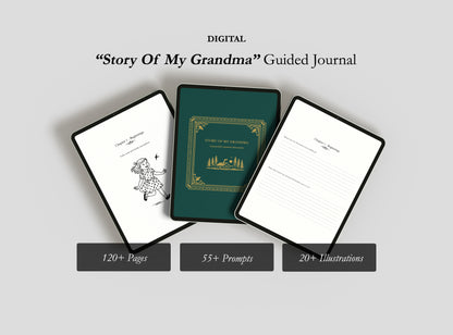 Digital 'Story Of My Grandma' Guided Journal with cover and pages displayed on a light gray background.