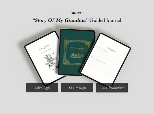 Digital 'Story Of My Grandma' Guided Journal with cover and pages displayed on a light gray background.