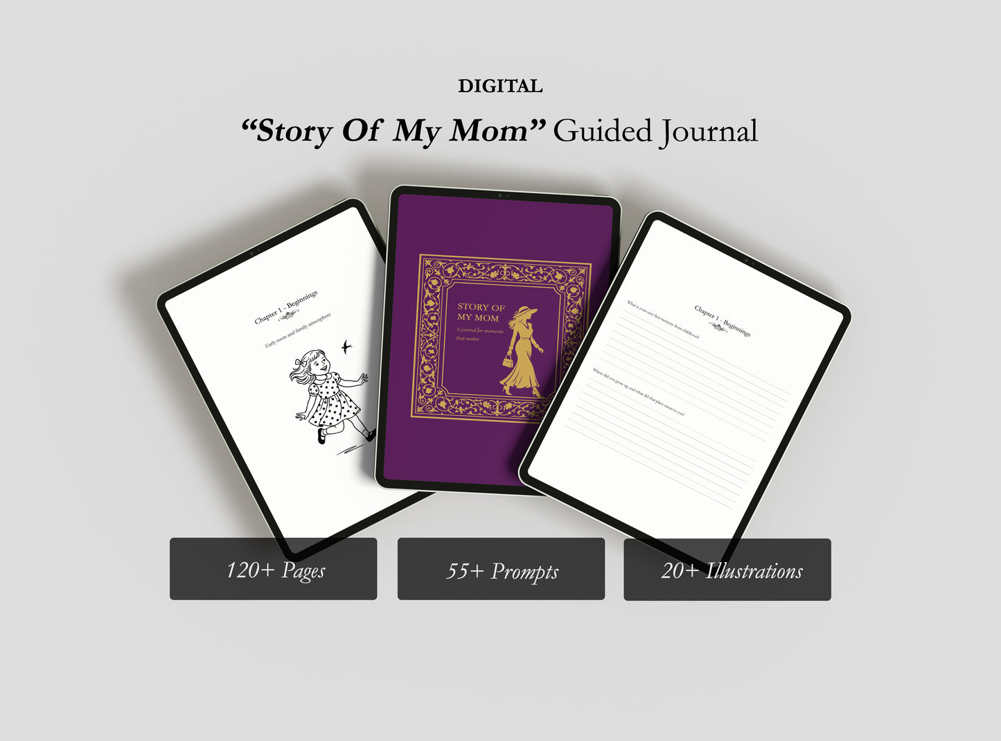 Digital 'Story Of My Mom' Guided Journal with cover and two pages displayed on a light gray background.
