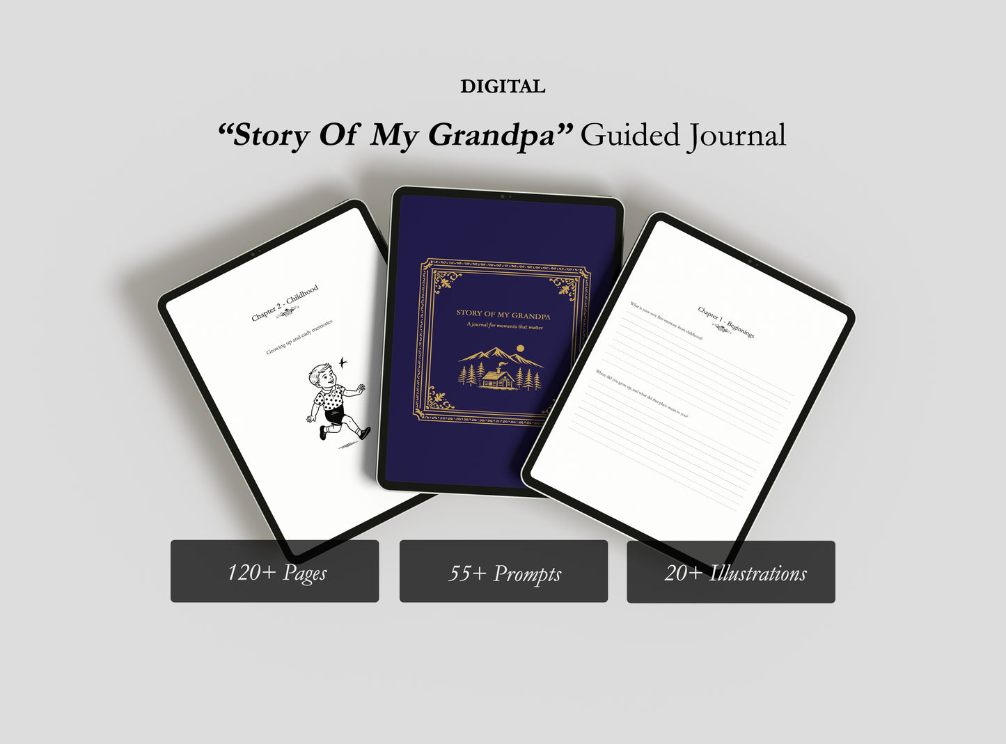 Digital 'Story Of My Grandpa' guided journal with cover and pages displayed on a light gray background.